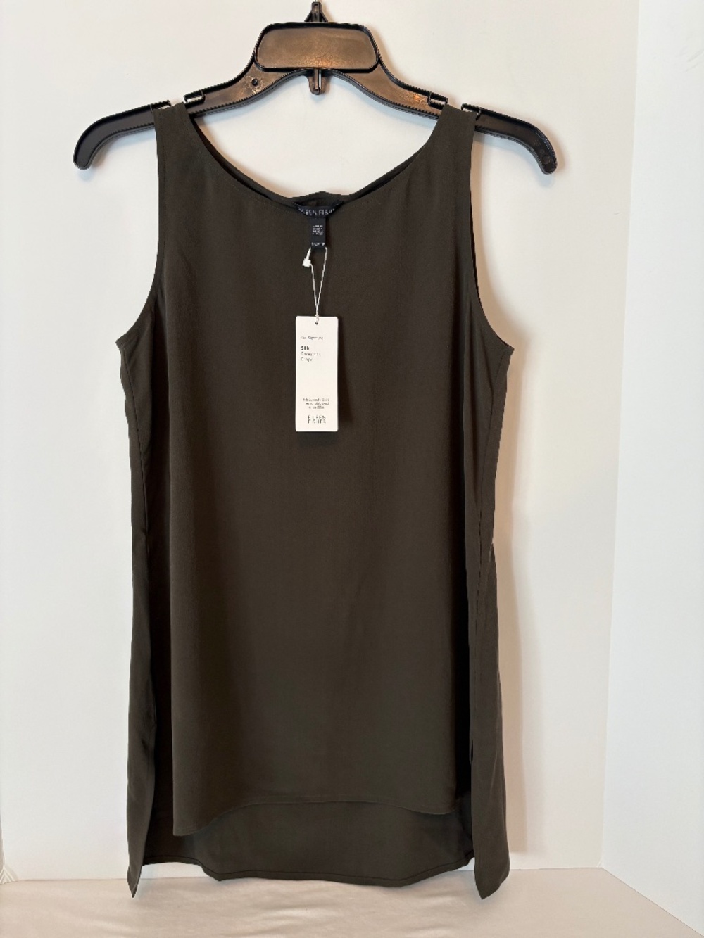 Eileen Fisher Silk Georgette Crepe Bateau Neck Long Shell Woodland Green XXS